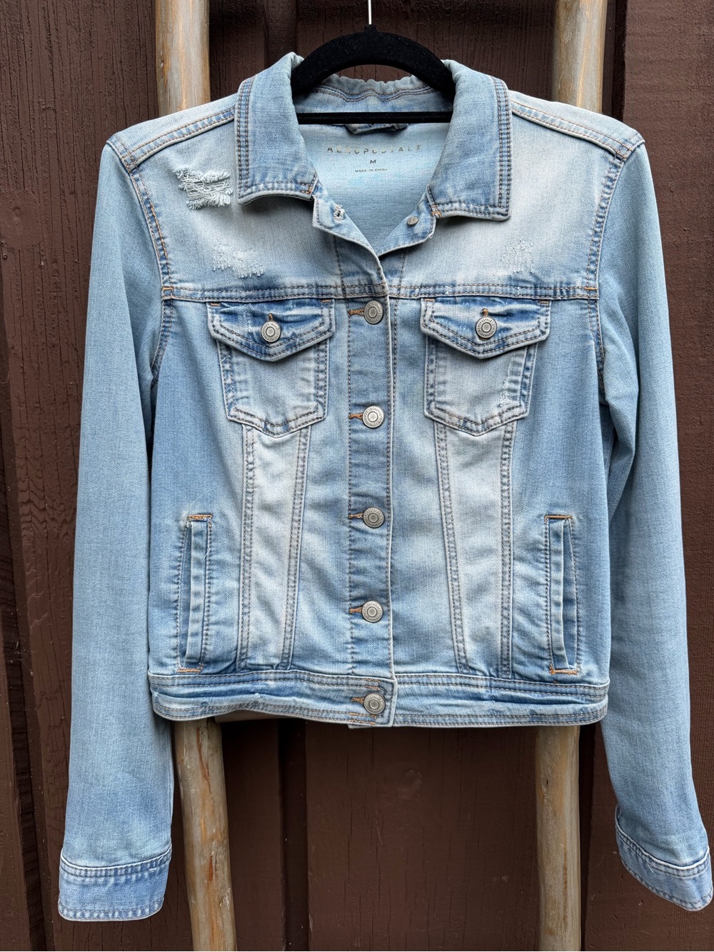 Aeropostale Women’s Distressed Denim Jean Jacket Light Blue Size M